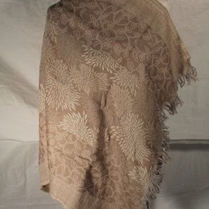 Tan lightweight wool wrap with leaf motif, 28x80